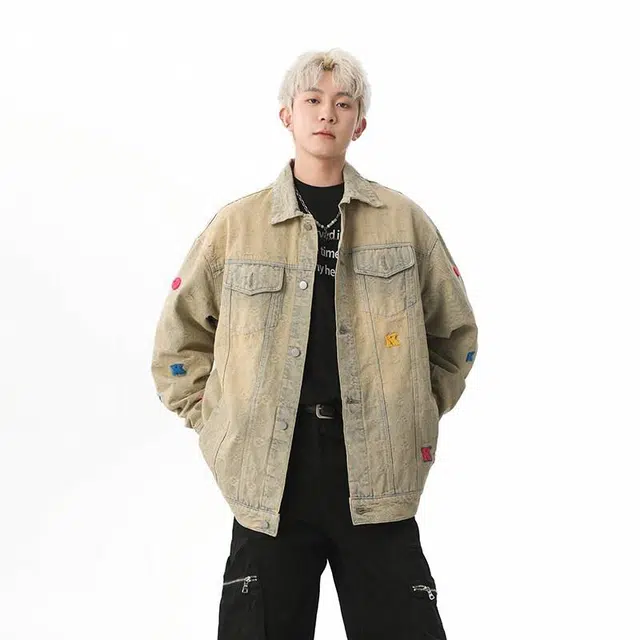 佐菲利 美式复古做旧刺绣牛仔外套 男女同款 泥黄色