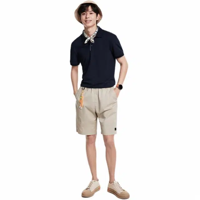 九牧王男裤专家 时尚简约通勤休闲短裤 男款 卡其+宽松版