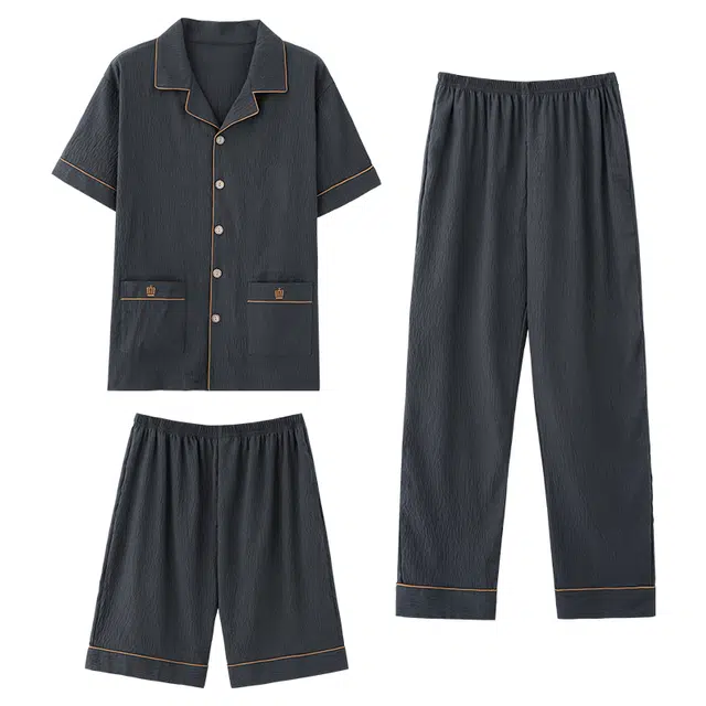 莫代尔 舒适轻盈透气翻领开衫休闲不易起球短袖可外穿家居服睡衣套装 男款 深灰色