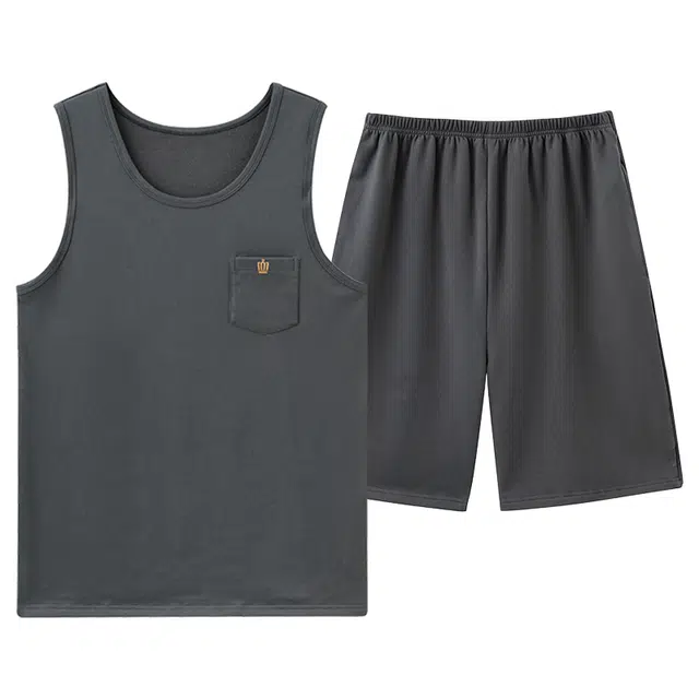 莫代尔 休闲简约百搭圆领舒适亲肤透气不易起球无袖可外穿家居服睡衣套装 男款 深灰色