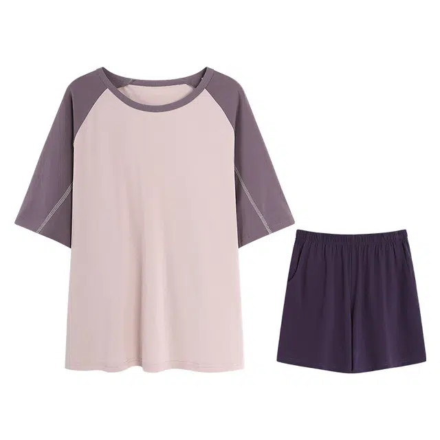 向薇 韩版舒适亲肤短袖三分裤睡衣套装 女款 图片色