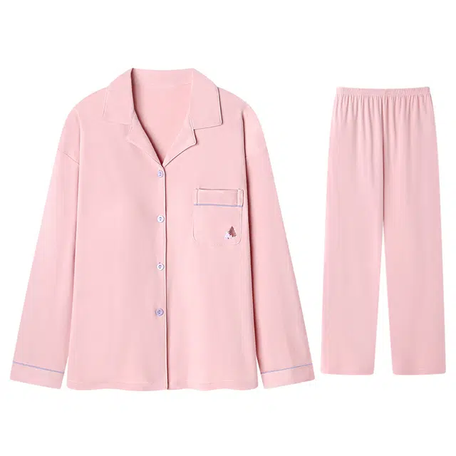 向薇 舒适纯色休闲带胸垫长袖长裤家居服睡衣套装 女款 图片色