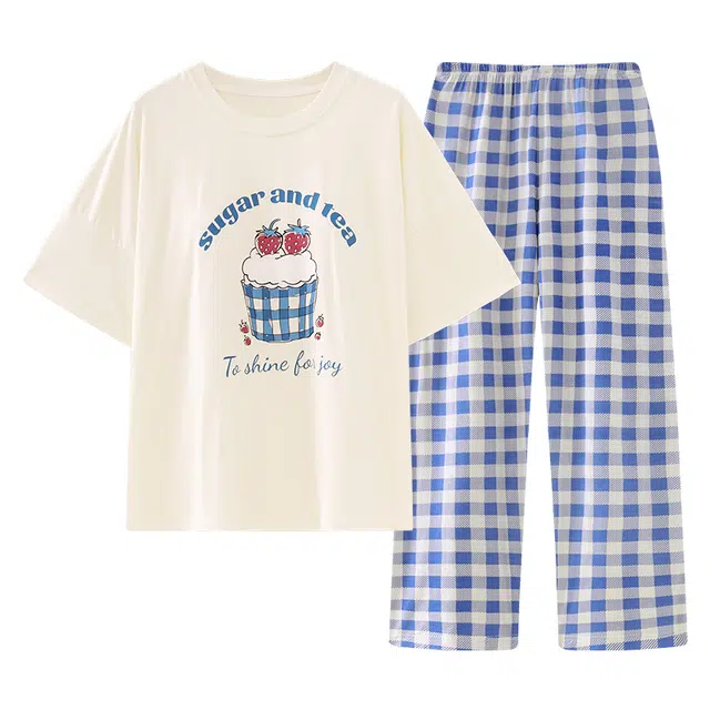 俏韵 休闲慵懒风圆领短袖长裤带胸垫睡衣套装 女款 图片色