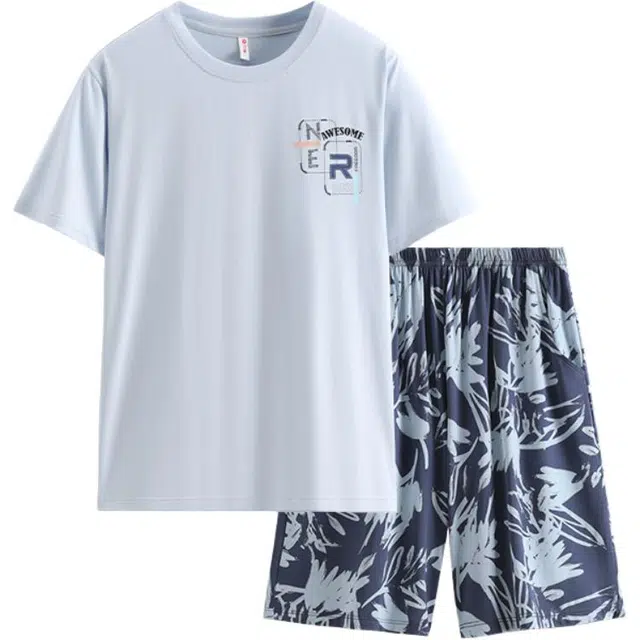 芬腾 休闲圆领短袖上衣可外穿家居服五分裤睡衣套装 男款