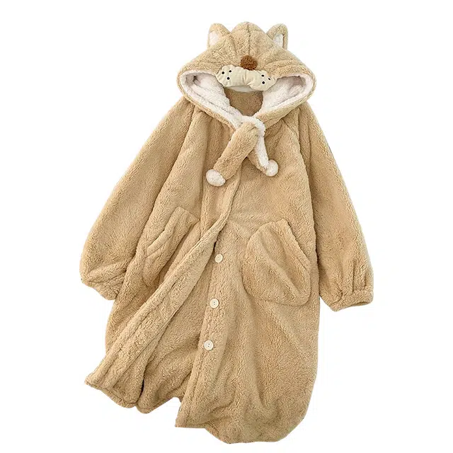 俏韵 甜美可爱小狮子保暖加厚长袖睡袍 女款 卡其色