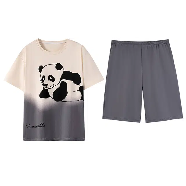 乐姿韵 可爱熊猫卡通圆领柔软短袖透气家居服可外穿睡衣套装 男款 杏色