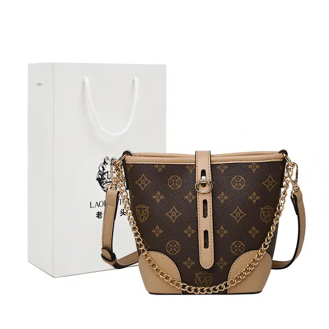 老人头 复古简约休闲日常小众通勤水桶包 合成革 单肩斜挎包 女款 白色/咖色/卡其色