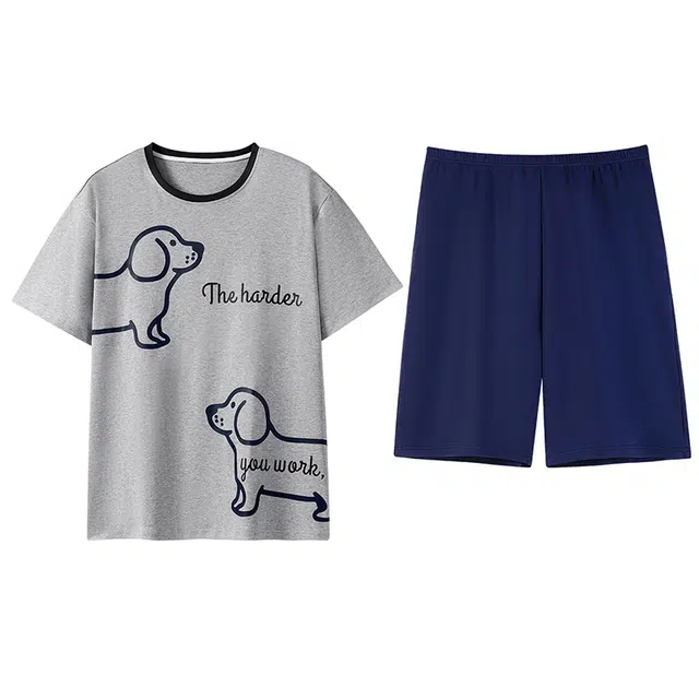 乐姿韵 简约卡通圆领柔软舒适短袖休闲家居服睡衣套装 男款 灰色