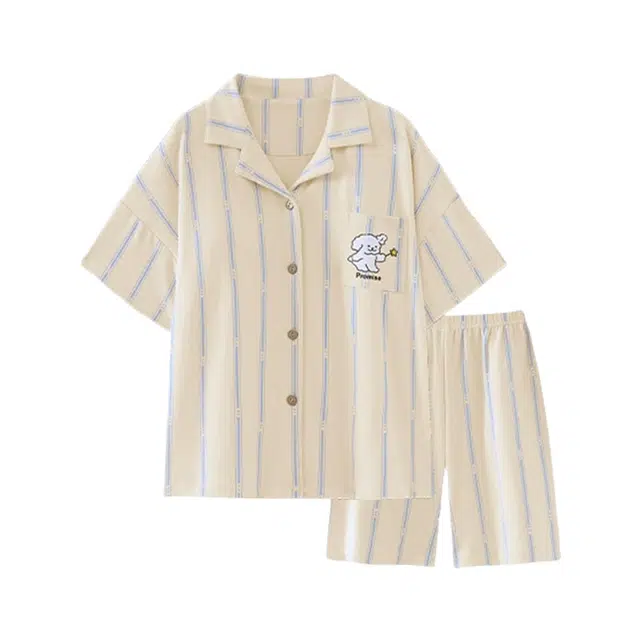 橡柠派 简约条纹舒适短袖开衫休闲可爱家居服睡衣套装 男女同款