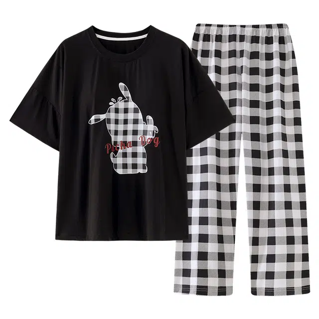 俏韵 休闲圆领带胸垫舒适短袖长裤睡衣套装 女款 图片色