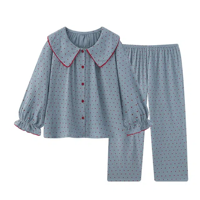 俏韵 波点休闲长袖长裤甜美外穿家居服睡衣套装 女款 蓝色