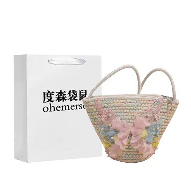 度森袋鼠 高级感通勤海边沙滩蝴蝶草编包 编织 斜挎包 中号 女款 白色/卡其色/粉色/蓝色