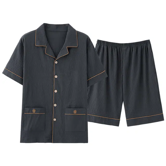 莫代尔 柔软顺滑亲肤细腻翻领开衫耐磨休闲简约不易起球短袖可外穿家居服睡衣套装 男款 深灰色