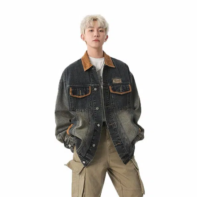 佐菲利 美式复古做旧宽松拼接撞色多口袋工装牛仔外套 男女同款 蓝色