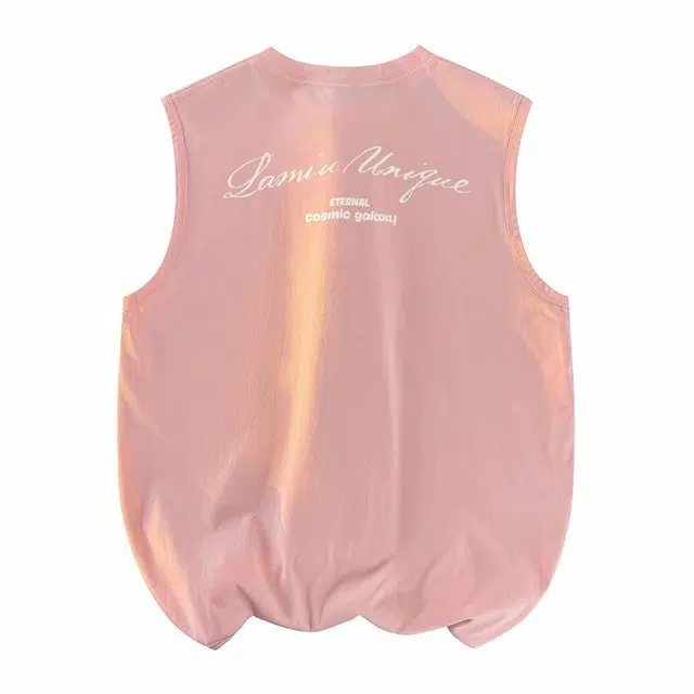 兰缪 纯色简约基础款宽松圆领直筒百搭休闲字母透气纯棉无袖背心 男女同款