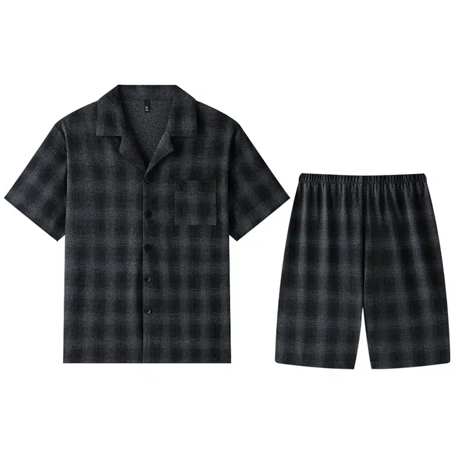 宫蝶 短袖休闲家居服格子印花复古风可外穿睡衣套装 男款 深灰色