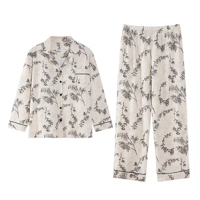 欧迪芬 纯棉时尚印花长袖长裤家居服睡衣套装 女款 白色碎花