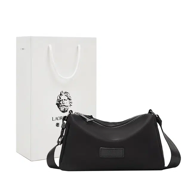 老人头 通勤时尚休闲百搭简约潮流 织物 单肩斜挎包 常规 女款 黑色