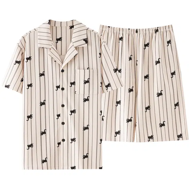 俏佳人 纯棉开衫翻领休闲舒适短袖可外穿家居服睡衣套装 男款 米白条纹