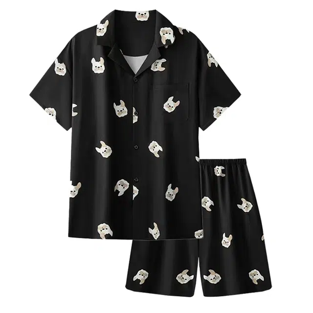 向薇 凉感舒适翻领短袖上衣家居服五分裤睡衣套装 男款 图片色