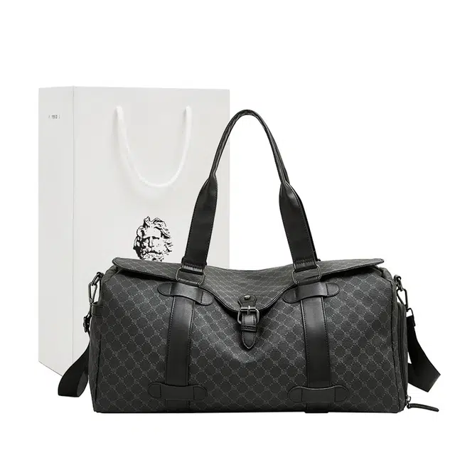 老人头 经典时尚大容量印花休闲通勤干湿分离鞋仓手提单肩斜挎包 合成革 旅行包 男款 黑色