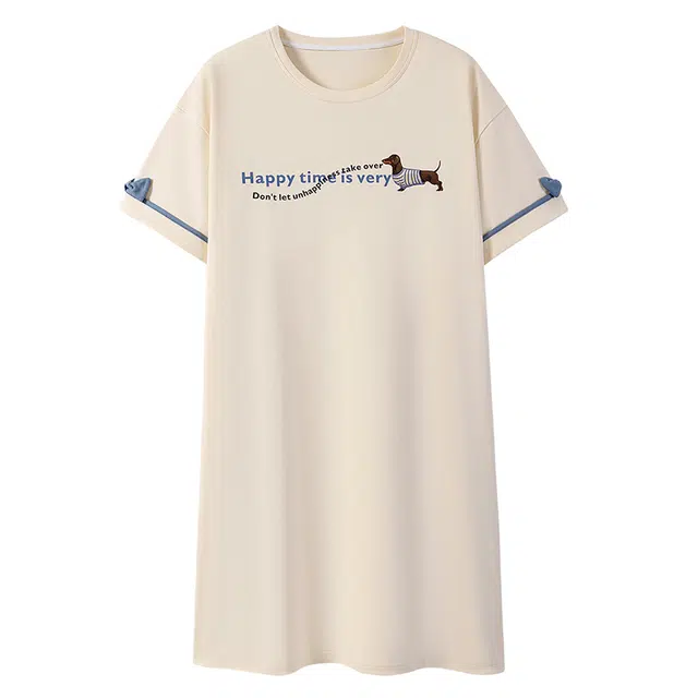 俞兆林 带胸垫简约字母长条狗卡通圆领宽松舒适短袖休闲家居服睡裙 女款 杏色