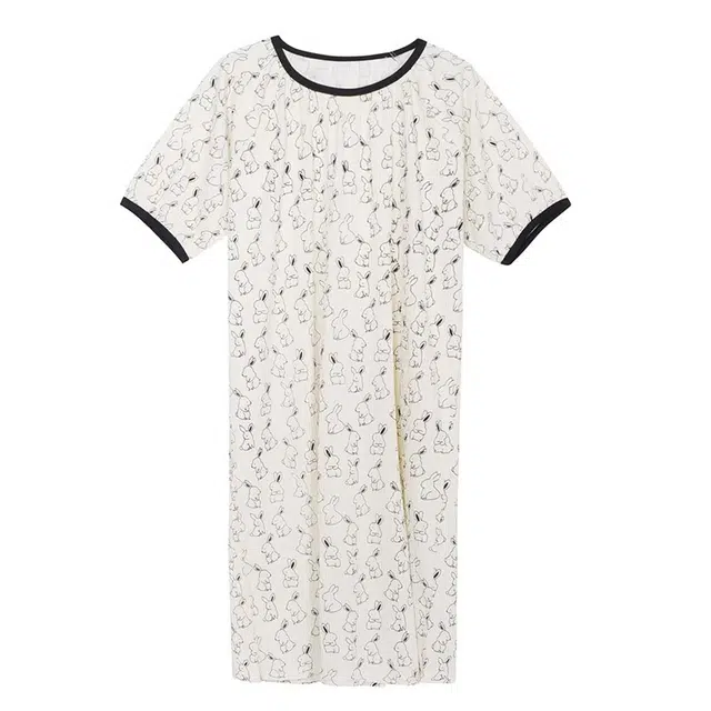 橡柠派 可爱小兔子简约甜美舒适小清新设计感时尚短袖睡裙 女款 米白色