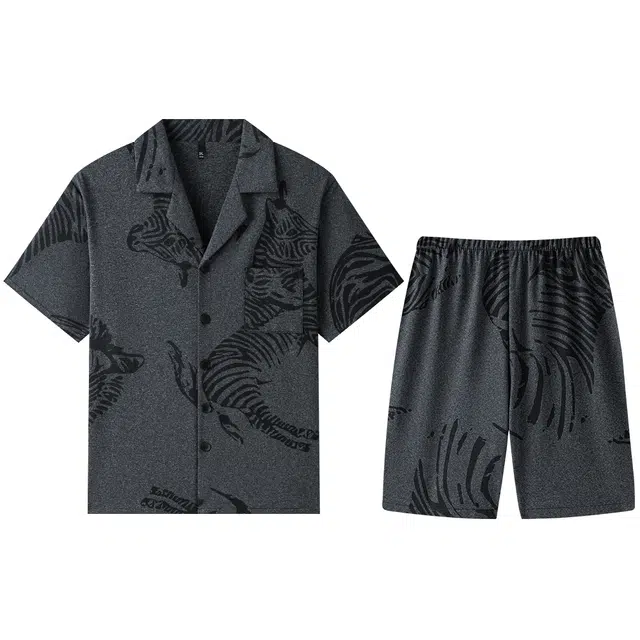 宫蝶 印花短袖休闲复古风家居服可外穿睡衣套装 男款 深灰色