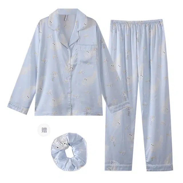 夏芬妍 时尚甜美蝴蝶结小猫冰丝翻领家居服简约休闲舒适亲肤宽松长袖长裤可外穿睡衣套装 女款 蓝色