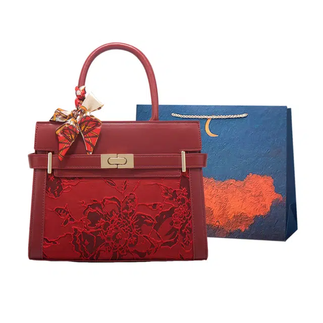 爱尔绅特 新中式提花低调中年妈妈包旗袍结婚新娘包 人造革 手提包 女款 红色