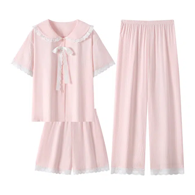 乐姿韵 甜美纯色时尚花边娃娃领短袖柔软舒适家居服睡衣套装 女款 粉色