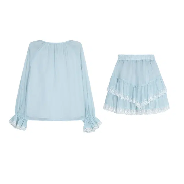 松本丧丧 两件套显瘦减龄薄荷绿温柔荷叶边衬衫裙装套装 女款 薄荷绿衬衫+短裙