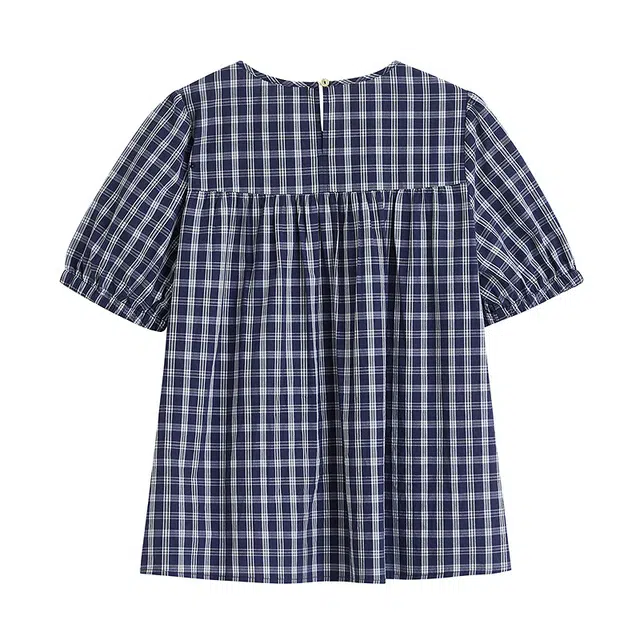 茵曼 时尚气质法式格子短袖衬衫 女款 藏青