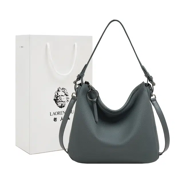 老人头 高级感日常通勤上班百搭时尚斜挎包 头层牛皮 单肩包 常规 女款 灰兰色/黑色/大象灰