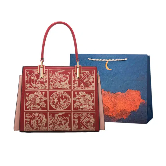 爱尔绅特 高级感中国风刺绣中年妈妈包 人造革 手提包 常规 女款 红色