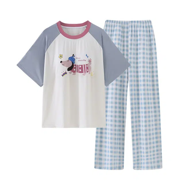 橡柠派 可爱小狗设计甜美简约带胸垫时尚短袖长裤睡衣套装 女款 浅蓝色