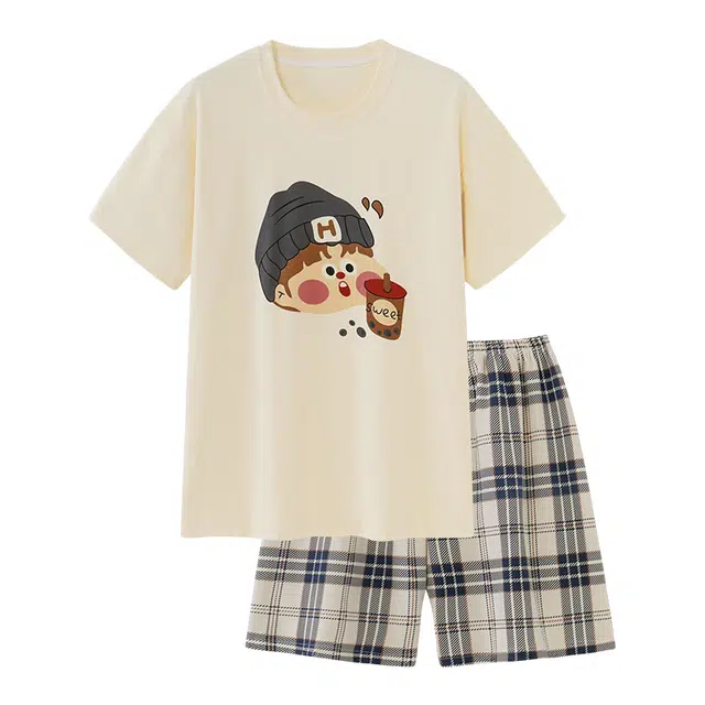 俏韵 亲肤透气休闲圆领短袖睡衣套装 男款 图片色