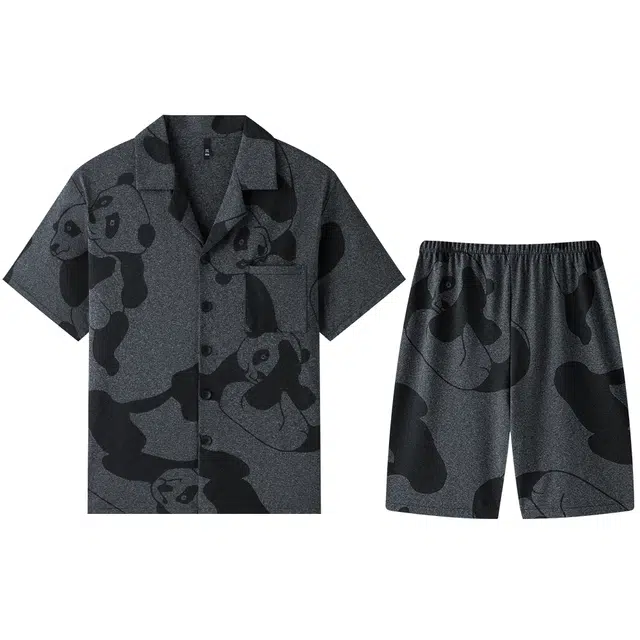 宫蝶 短袖舒适休闲家居服复古风开衫可外穿睡衣套装 男款 深灰色