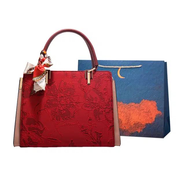 爱尔绅特 国风新中式提花新娘包 人造革 手提包 女款 红色