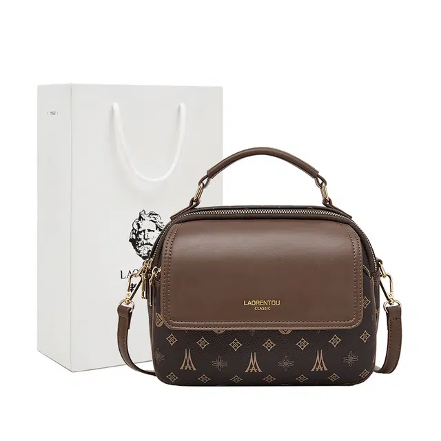 老人头 经典复古印花时尚通勤百搭 合成革 单肩手提包 女款 咖色