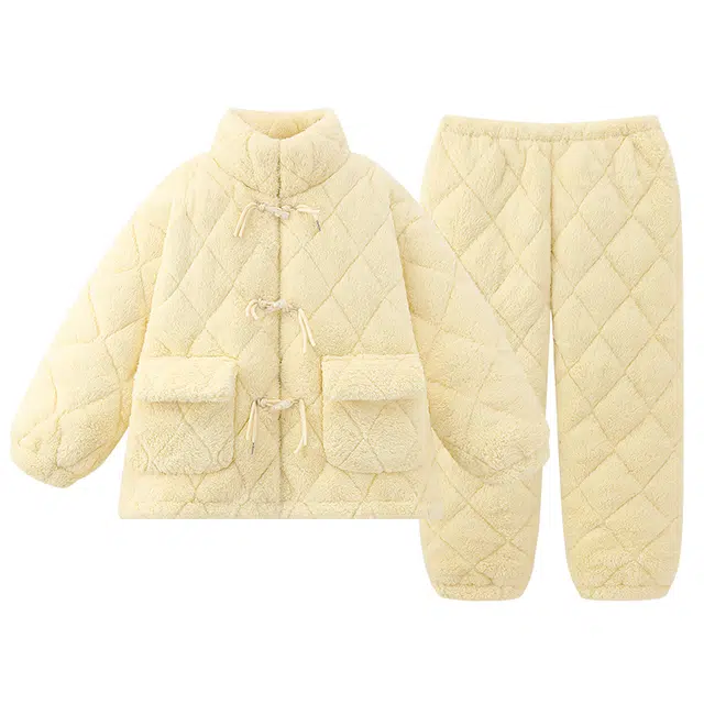 俏韵 纯色简约国风立领上衣保暖亲肤长裤睡衣套装 女款 黄色