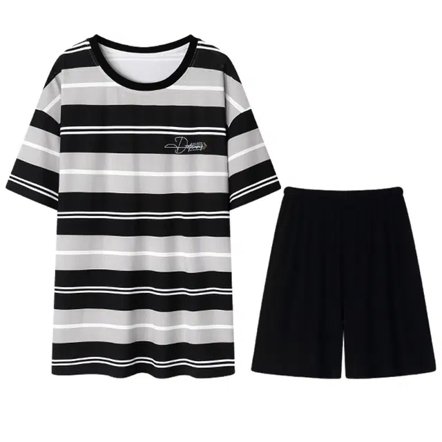 向薇 短袖薄款休闲透气舒适简约亲肤可外穿夏季睡衣套装 男款 图片色