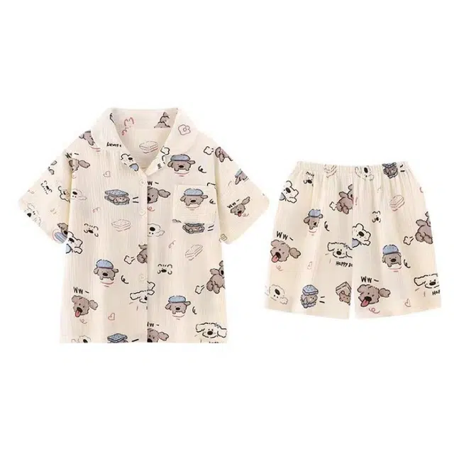 夏芬妍 甜美休闲舒适时尚萌趣小狗双层棉纱翻领家居服亲肤宽松短袖短裤可外穿睡衣套装 女款 杏色