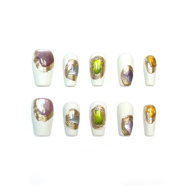 芮锦 多彩群岛显白时尚高级感纯欲风  穿戴甲 中长款彩色晕染 猫眼