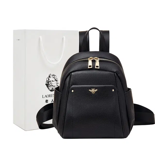 老人头 时尚百搭通勤轻便出行 头层牛皮 双肩包 女款 黑色