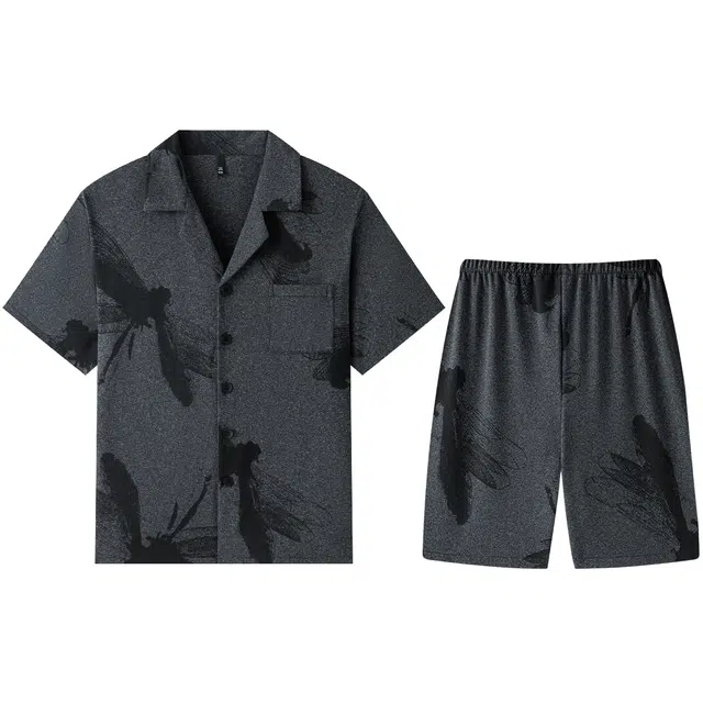 宫蝶 简约印花舒适休闲短袖家居服复古风可外穿睡衣套装 男款 深灰色