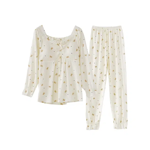 雅鹿 带胸垫皱布长袖长裤可外穿睡衣套装 女款 慵懒小熊