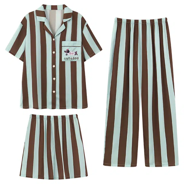 兰缪 条纹翻领短袖上衣舒适透气短裤可外穿家居服长裤睡衣套装 女款 图片色