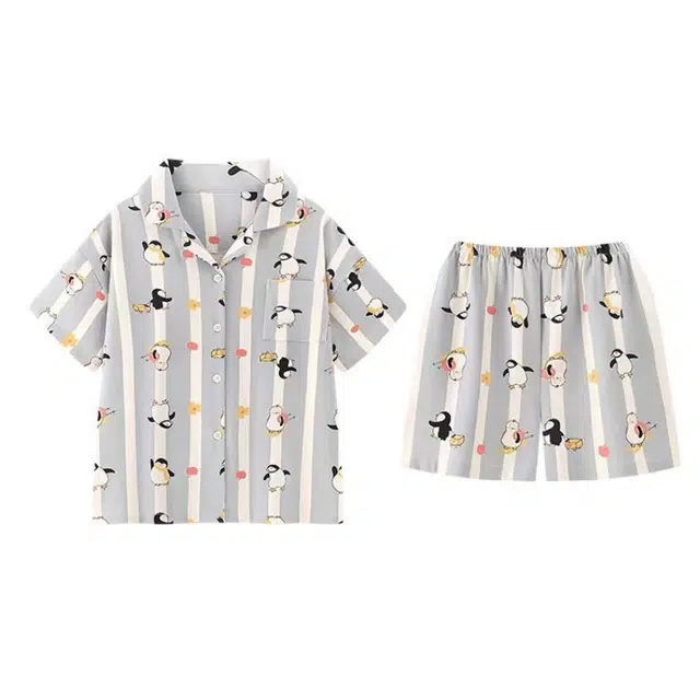 夏芬妍 甜美休闲舒适时尚条纹企鹅纯棉翻领家居服亲肤宽松短袖短裤可外穿睡衣套装 女款 蓝色