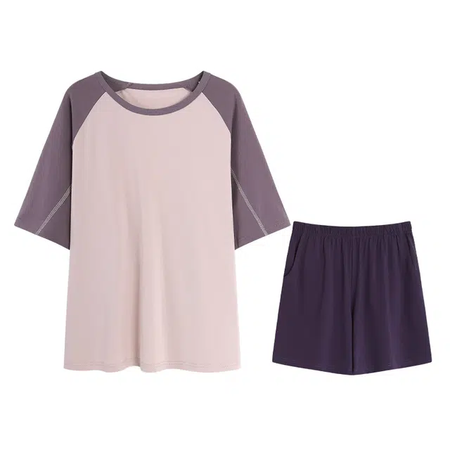 向薇 凉感带胸垫短袖上衣薄款家居服三分裤睡衣套装 女款 图片色